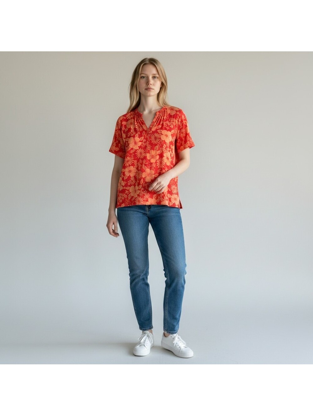 Judith Hart Blouse Women 14 Red Floral V-Neck Short Sleeve Pullover Casual
